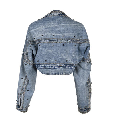 Women’s Short Denim Rivet Beads Bomber Jeans Jacket