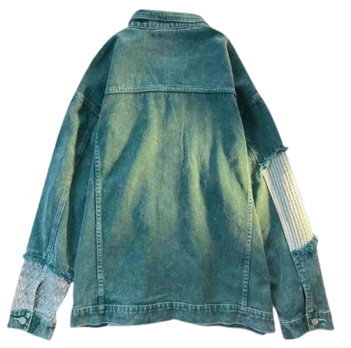 Unisex Vintage Green Cardigan Infused Panelled Denim Jeans Jackets