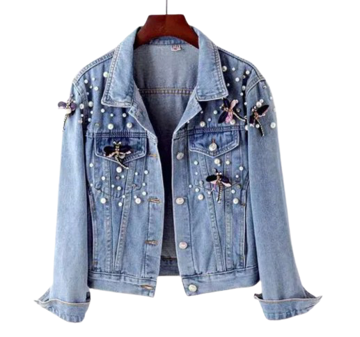 Woman’s Butterfly and Pearl Long Sleeve Denim Jeans Jacket