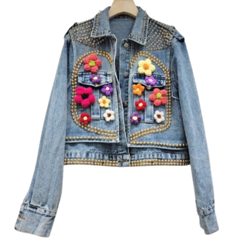 Women’s Studded and Flower Short Denim Jean’s Jacket Coat