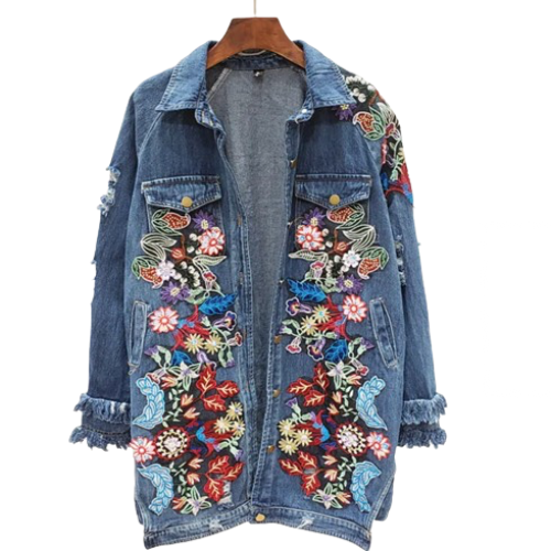 Women’s Mid Length Flower Bomb Tassel Denim Jeans Jacket