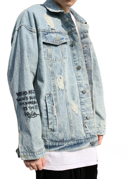 Men’s Sacrifice Graffiti Oversized Denim Jacket Coat