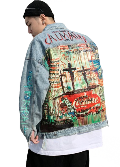 Men’s Sacrifice Graffiti Oversized Denim Jacket Coat