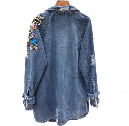 Women’s Mid Length Flower Bomb Tassel Denim Jeans Jacket