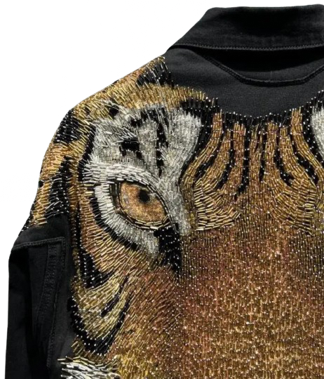 Men’s Handmade Hyper Real Beaded Tiger Head Denim Jeans Jacket Coat