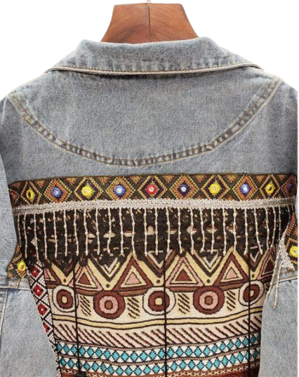 Women’s Retro Frayed Ethnic Embroidery Tassel Long Sleeve Blue Denim Jacket