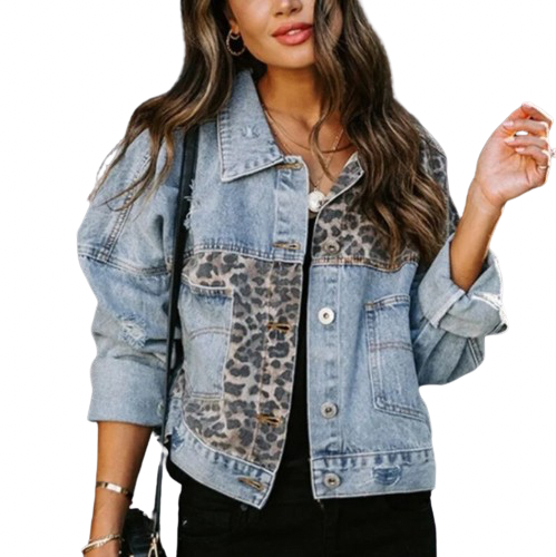 Women's Stone Washed  Long Sleeves Leopard Print Denim Jeans Jacket