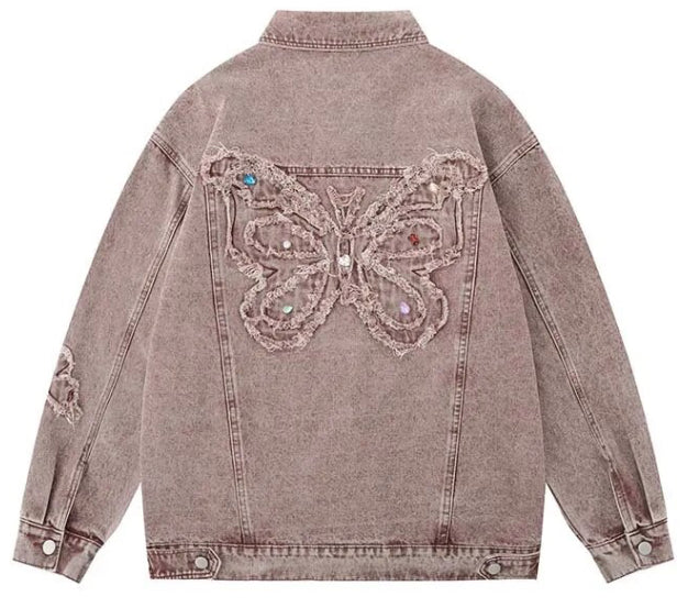 Unisex Retro Embroidered Rhinestone Butterfly Denim Jeans Jacket  Coat