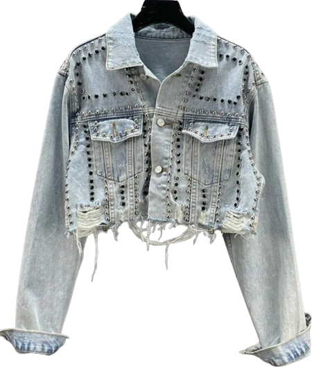 Women's Cropped Distressed Denim Jacket with Rivet Studding