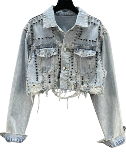 Women's Cropped Distressed Denim Jacket with Rivet Studding