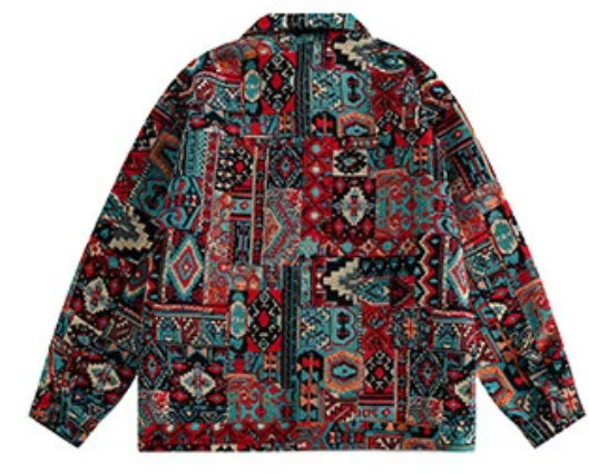 Men‘s Woven Bohemian Geo Print Denim Jeans Jacket Coat