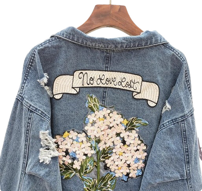 Women’s No Love Lost Three Dimensional Bouquet Denim Jeans Jacket