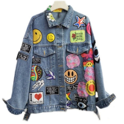 Women’s Retro Emblem Badge Denim Long Sleeve Jeans Jacket