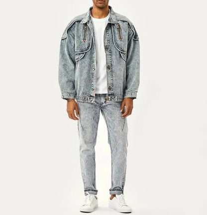 Men’s Retro 90’s Theme Solid Casual Denim Jeans Coat