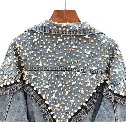 Women's Handmade Loose Fit Pearl and Stars Denim Jacket