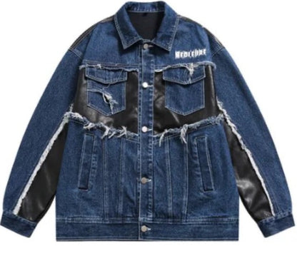 Men’s Leather Patch Fusion Denim Jeans Jacket Coat