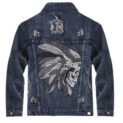 Men’s Shamans Skull Ripped Denim Jacket Coat