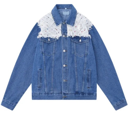 Unisex Bohemian  Flannel and Rhinestones Shoulder Denim Jeans Jacket