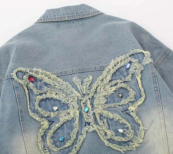 Unisex Retro Embroidered Rhinestone Butterfly Denim Jeans Jacket  Coat