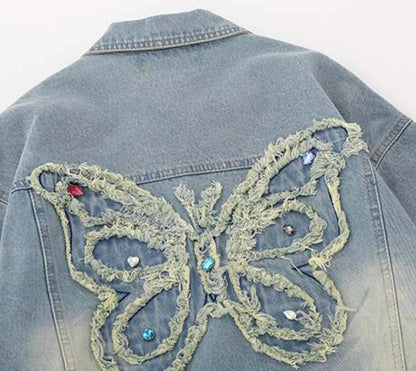 Unisex Retro Embroidered Rhinestone Butterfly Denim Jeans Jacket  Coat