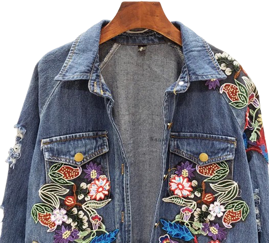 Women’s Mid Length Flower Bomb Tassel Denim Jeans Jacket