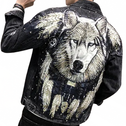 Men’s Detailed Sequin Spirit Wolf Handmade Denim Jean Jacket