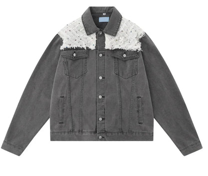 Unisex Bohemian  Flannel and Rhinestones Shoulder Denim Jeans Jacket