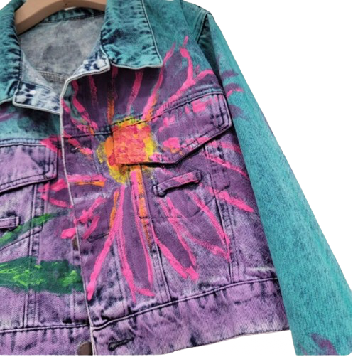 Women’s Hand Painted Flower Blast Long Sleeve Denim Jean’s Jacket