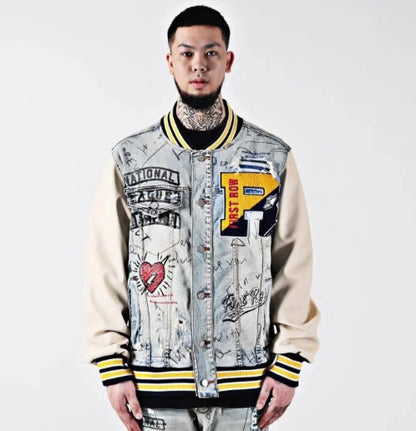 Men’s Baseball and Graffiti  Patchwork Denim Jeans Jacket Coat