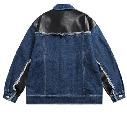 Men’s Leather Patch Fusion Denim Jeans Jacket Coat