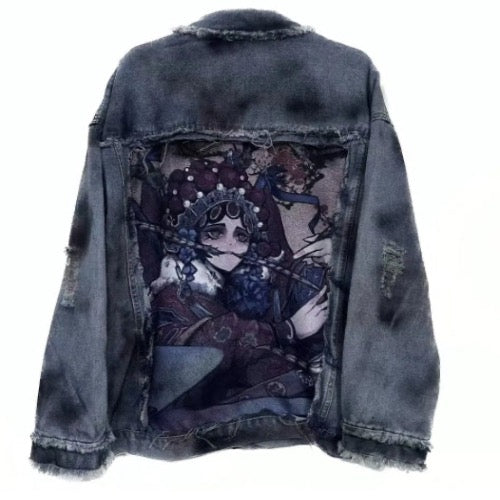 Men's Oversized Anime Splash Ink Distressed Denim Jeans Jacket Coat