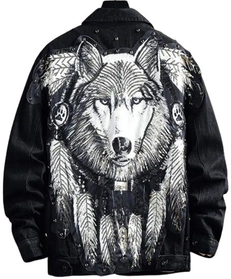 Men’s Detailed Sequin Spirit Wolf Handmade Denim Jean Jacket