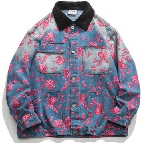 Men’s Spring Flower Corduroy Collar Denim Jeans Jacket Coat