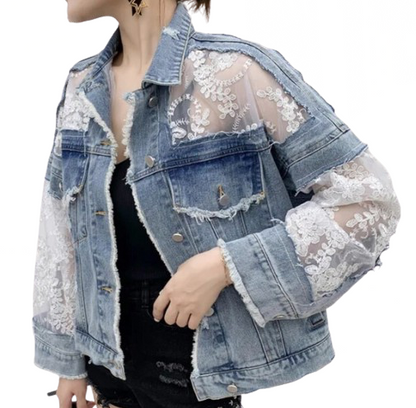 Women’s Lace and Denim Long Sleeve Jeans Jacket