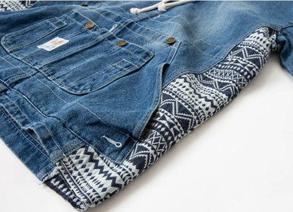 Men’s Bohemian Retro Chic Overhead Drawstring Pull Over Denim Jeans Jacket Coat