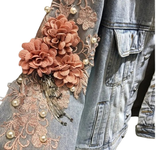 Women’s Three-dimensional Floral Dream  Denim Jeans Jacket with Pearl Beading