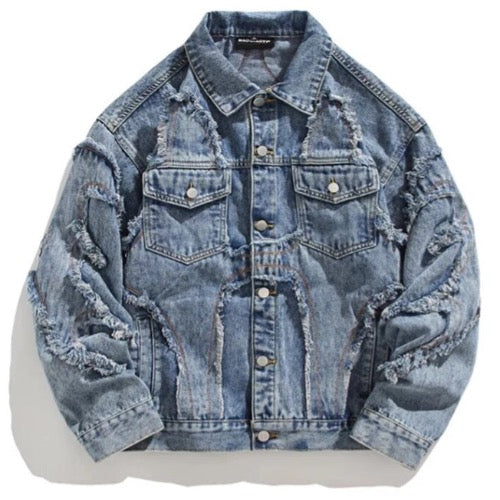 Unisex Frayed Patchwork Cowboy Style Oversized Denim Jacket Coat