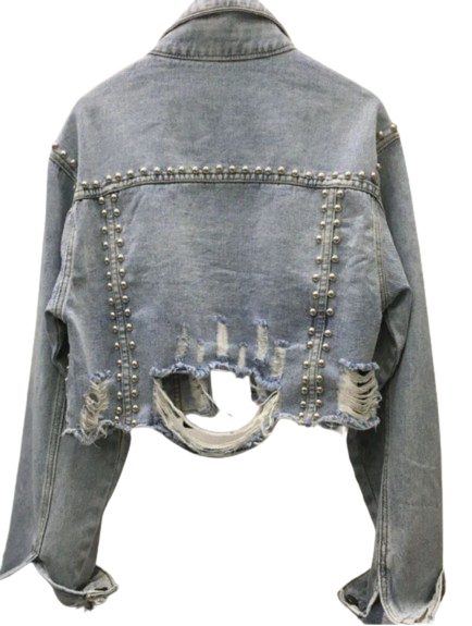 Women's Cropped Distressed Denim Jacket with Rivet Studding