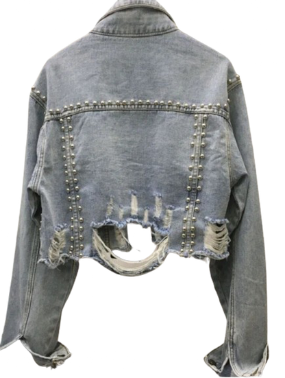 Women's Cropped Distressed Denim Jacket with Rivet Studding