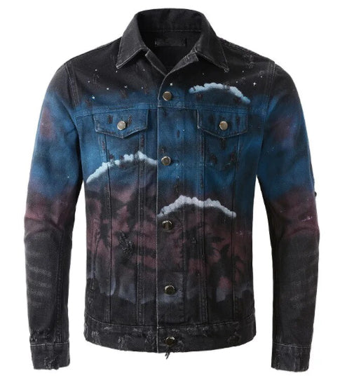 Men’s Night Moonlight Palm Gradient Denim Jeans Jacket Coat