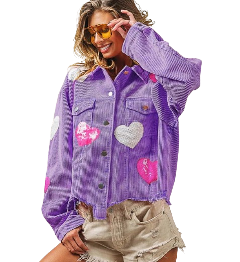 Women’s Love Heart Long Sleeve Corduroy  Denim Jeans Jacket