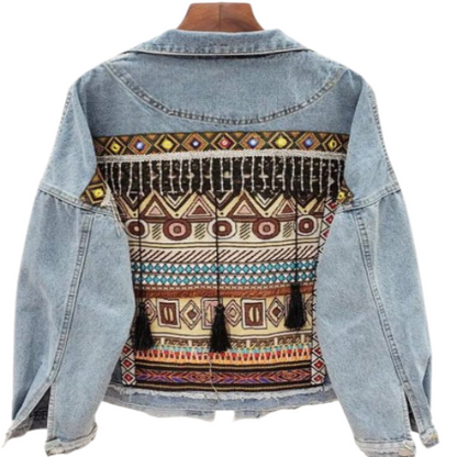 Women’s Retro Frayed Ethnic Embroidery Tassel Long Sleeve Blue Denim Jacket