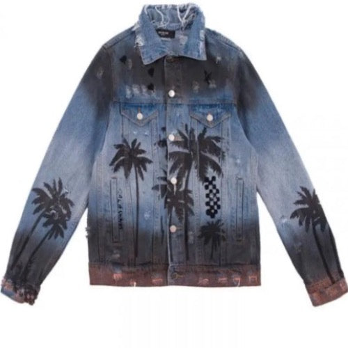 Men’s Sunset Palm Gradient Denim Jeans Jacket Coat