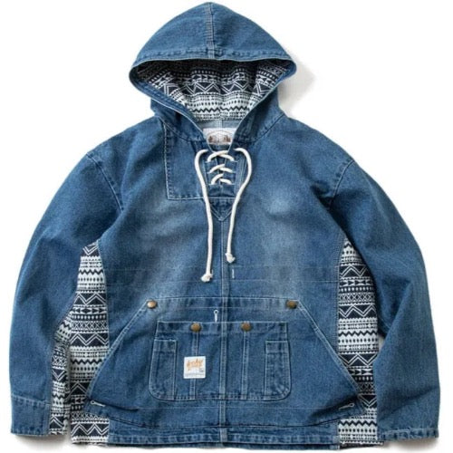 Men’s Bohemian Retro Chic Overhead Drawstring Pull Over Denim Jeans Jacket Coat