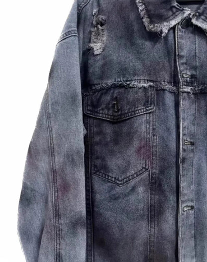 Men's Oversized Anime Splash Ink Distressed Denim Jeans Jacket Coat