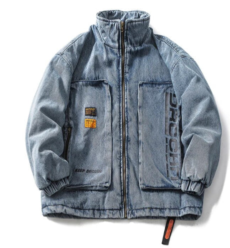 Men’s Retro Urban Tech-Wear Round Neck Denim Jeans Jacket Coat