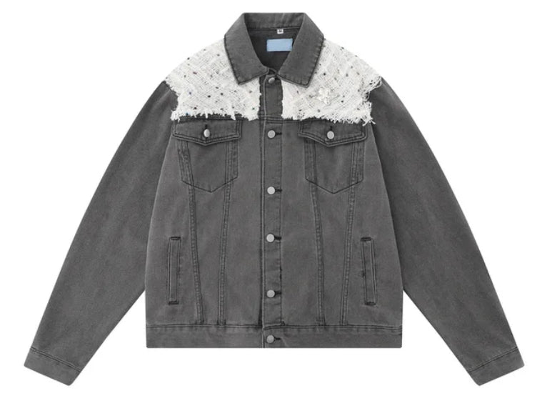 Unisex Bohemian  Flannel and Rhinestones Shoulder Denim Jeans Jacket