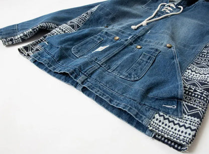 Men’s Bohemian Retro Chic Overhead Drawstring Pull Over Denim Jeans Jacket Coat