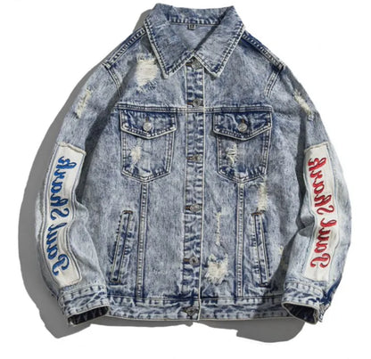 Men’s Retro Distressed Shark Print DenimJeans Jacket Coat