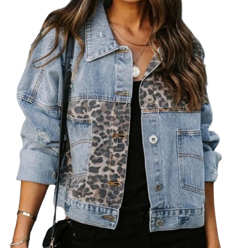 Women's Stone Washed  Long Sleeves Leopard Print Denim Jeans Jacket